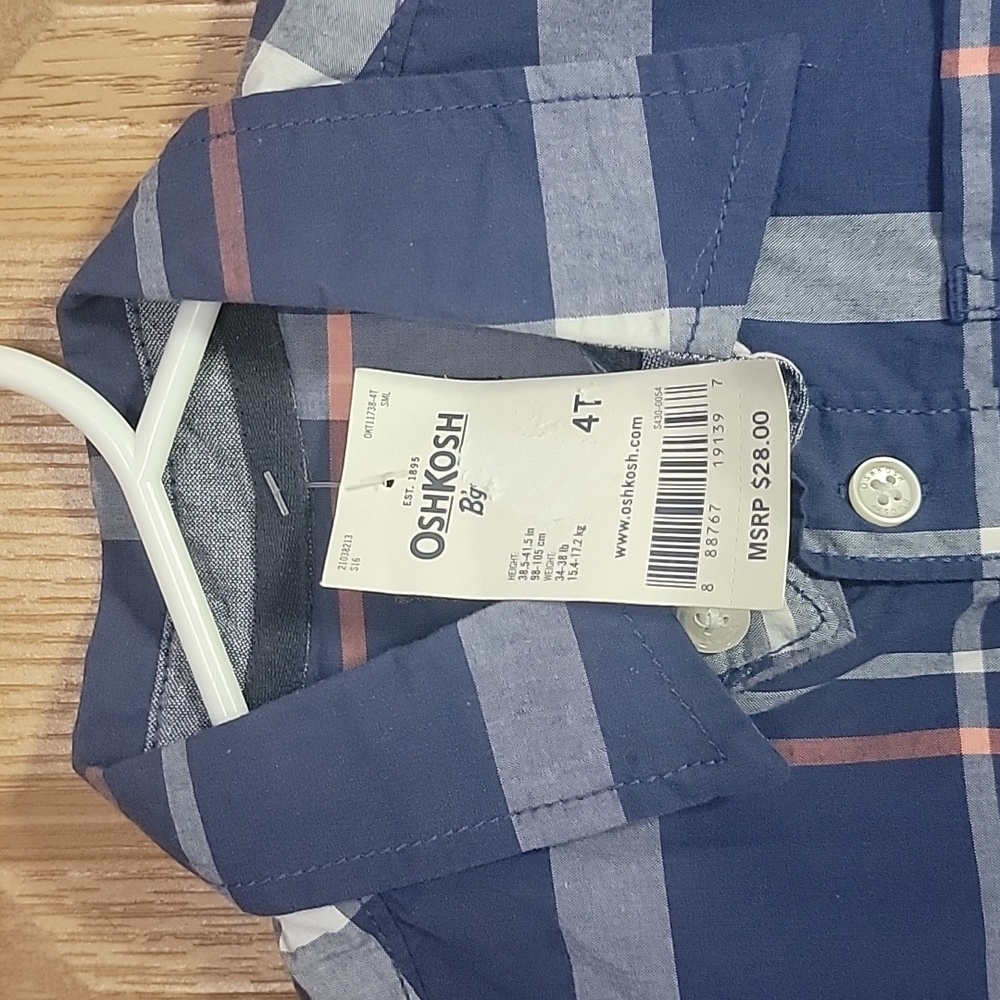 Boys 4T Button Up Plaid Collared Shirt in blue with white and orange stripes - Picture 2 of 7